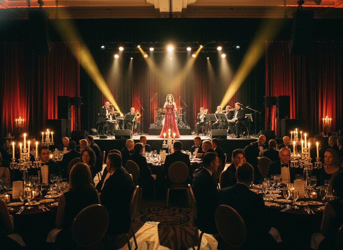 A polished corporate gala in a Las Vegas ballroom with a live performance on a lit stage.