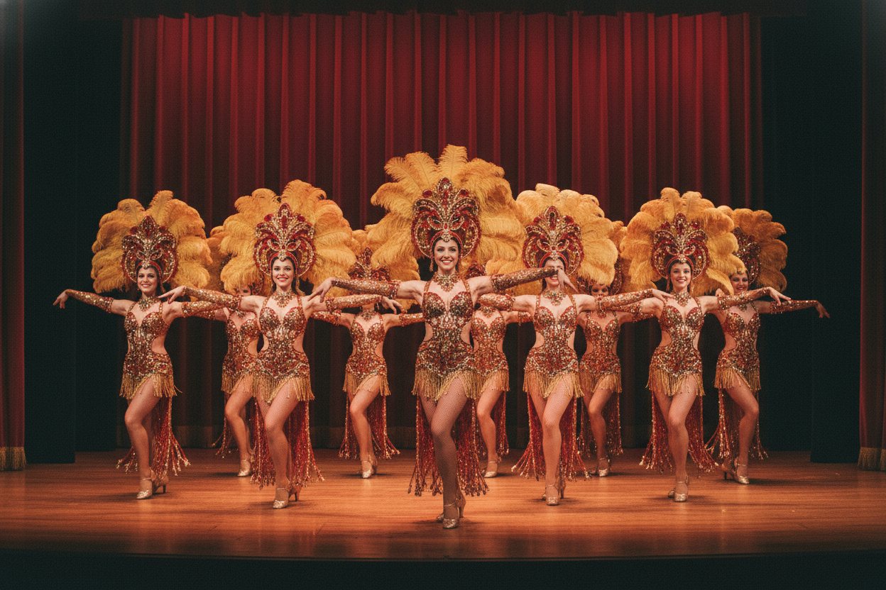 Costumed Las Vegas dancers performing a high-energy routine under stage lights.